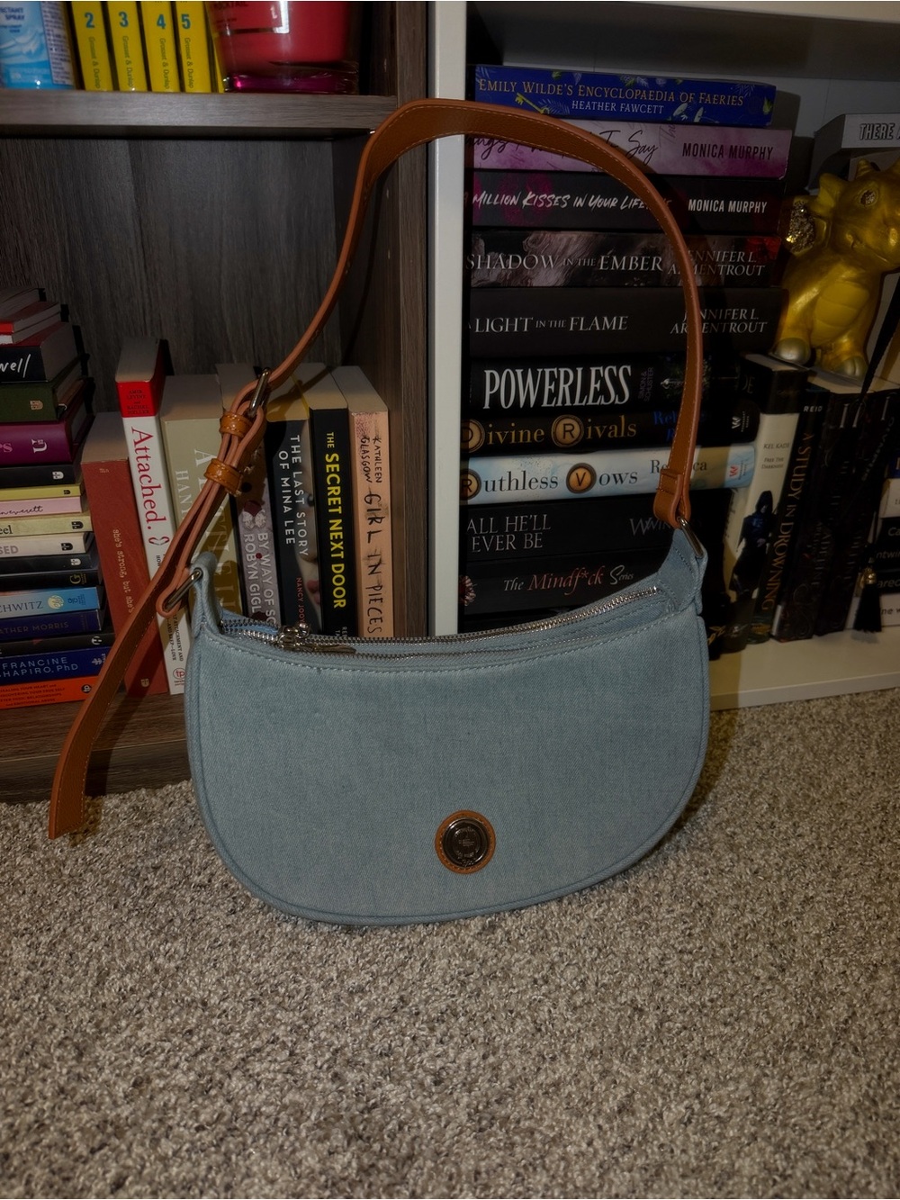 Light Blue Denim Shoulder Bag with Tan Strap